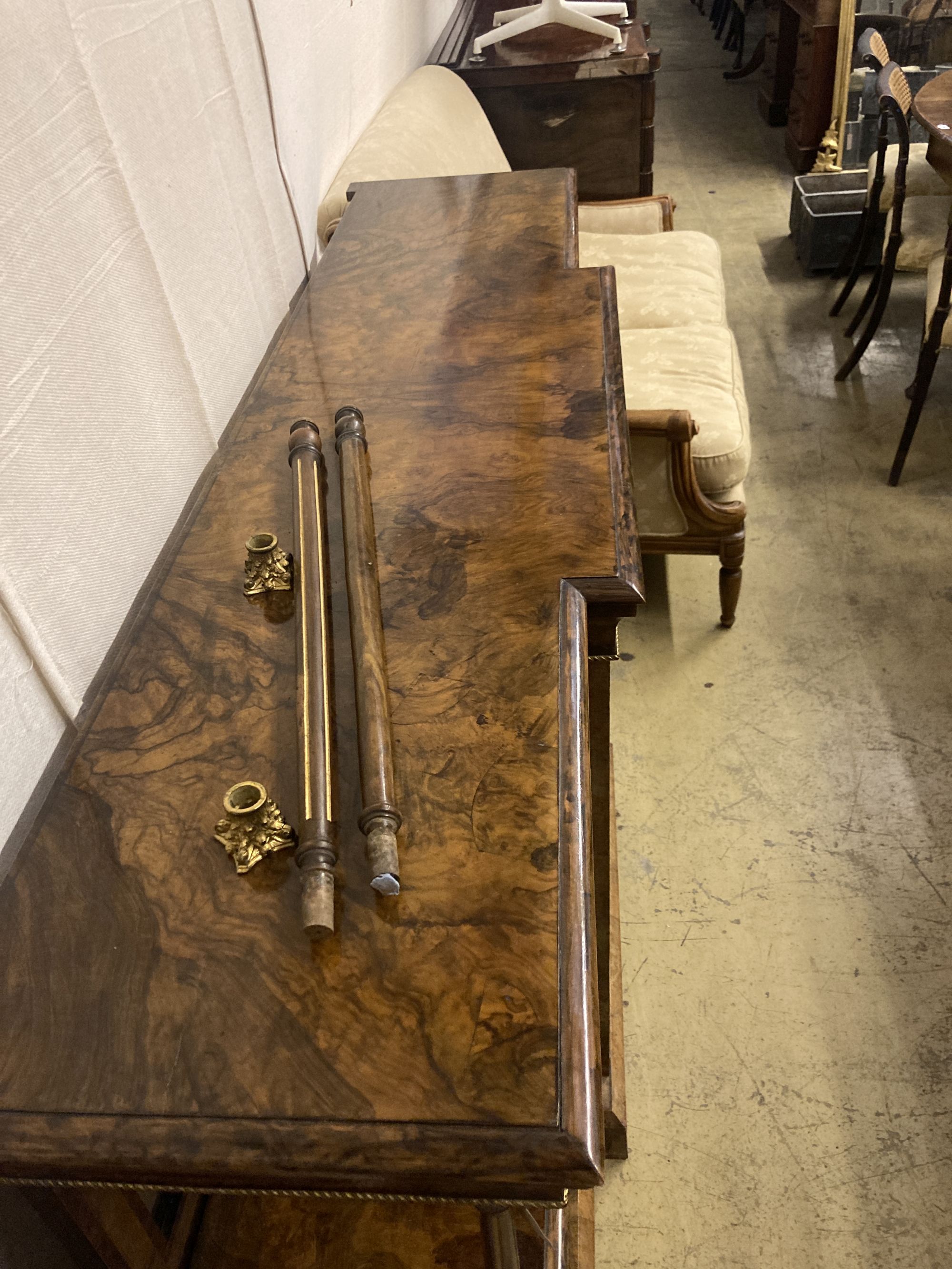 A late Victorian figured walnut breakfront side cabinet, width 168cm depth 43cm height 104cm